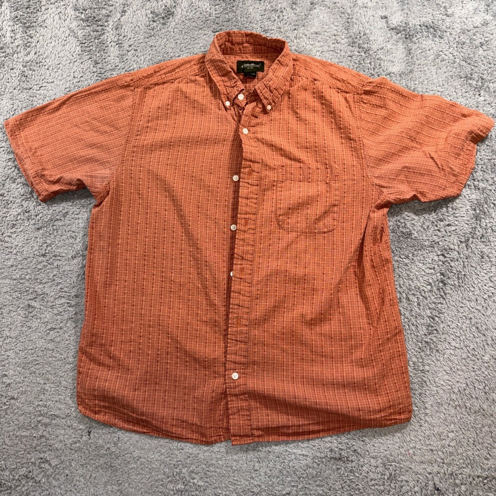 Eddie Bauer Short Sleeve Button Up Shirt Orange Textured Cotton Mens BC001824